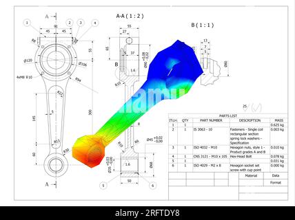 Dreidimensional, Spannung, Geometrie, Mechanik, Analyse, 3D, Motor, Technik, Berechnung, dreidimensional, mechanisch, cad, strukturell, Zeichnung Stockfoto