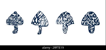 Set aus verschiedenen fabelhaften Pilzen, handgezeichnet, isoliert auf weißem Hintergrund. Silhouette aus schwarzem Indigo. Vektordarstellung. Sammlung magischer Pflanzen. Grafik. Tätowierung. Konstruktionselemente Stock Vektor