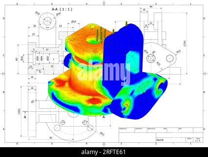 Finite-Elemente-Methode, FEM, Analyse und technische Zeichnungen Grafiken eines Kolbens aus einem Verbrennungsmotor in einem Auto Stockfoto