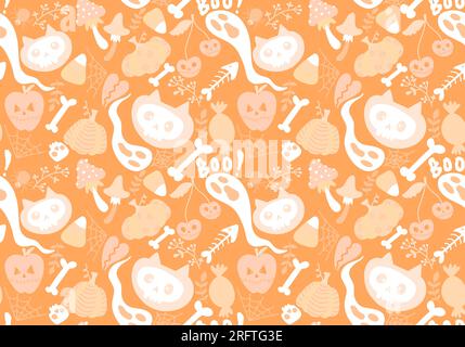 Cartoon Halloween-Katzen nahtlose Kürbisse und Schädel und Geist- und Pilzmuster zum Einwickeln von Papier und Textilien und festlichen Accessoires und Herbst Stockfoto