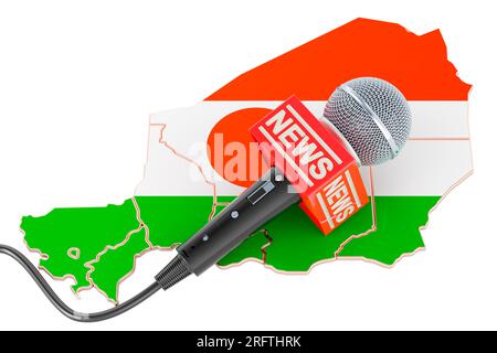 Niger News Konzept, Mikrofonnachrichten auf der Karte von Niger. 3D-Rendering auf weißem Hintergrund isoliert Stockfoto