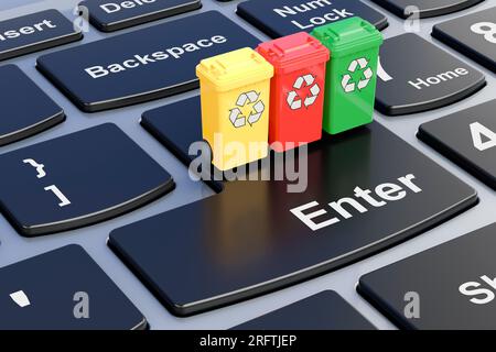 Farbiges Recycling von Abfallbehältern auf Laptop-Tastatur. 3D-Rendering Stockfoto