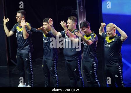 Köln, Deutschland. 05. Aug. 2023. Team Vitality ist auf der Bühne der Intel Extreme Masters (IEM Köln) im Bereich Counter-Strike: Global Offensive (CS:GO). Kredit: Henning Kaiser/dpa/Alamy Live News Stockfoto