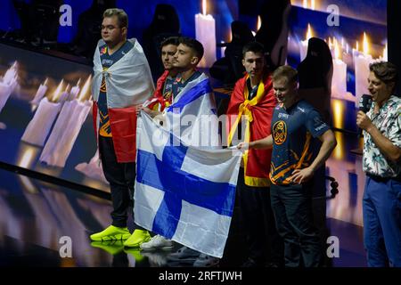 Köln, Deutschland. 05. Aug. 2023. Team ence ist auf der Bühne der Intel Extreme Masters (IEM Köln) im Bereich Counter-Strike: Global Offensive (CS:GO). Kredit: Henning Kaiser/dpa/Alamy Live News Stockfoto