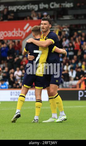 5. August 2023; Vitality Stadium, Boscombe, Dorset, England: Pre Season Football Friendly, AFC Bournemouth gegen Lorient; David Brooks aus Bournemouth feiert mit Lewis Cook sein Tor bei der 37.-minütigen Gutschrift: Action Plus Sports Images/Alamy Live News Stockfoto