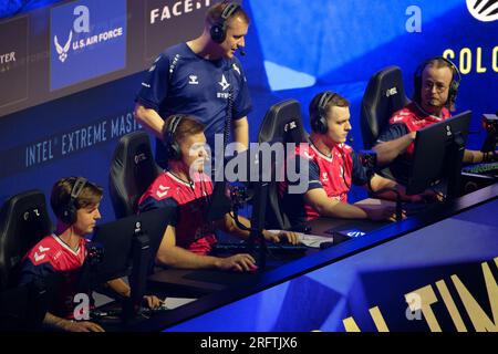 Köln, Deutschland. 05. Aug. 2023. Team Astralis tritt bei den Intel Extreme Masters (IEM Köln) in der Disziplin Counter-Strike: Global Offensive (CS:GO) auf der Bühne auf. Kredit: Henning Kaiser/dpa/Alamy Live News Stockfoto