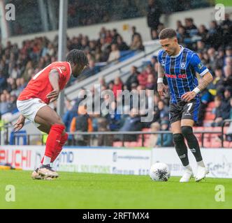 Rochdale, Greater Manchester, England, 5. August 2023. Rochdales Tyrese Sinclair spielte mit, während Rochdale AFC V Ebbsfleet in der Vanarama National League in der Crown Oil Arena zusammentrat. (Bild: ©Cody Froggatt/Alamy Live News) Stockfoto