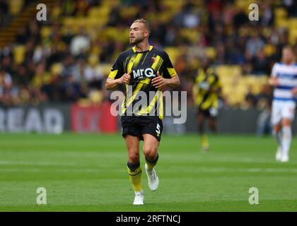 5. August 2023: Vicarage Road, Watford, Hertfordshire, England; EFL Championship Football, Watford gegen Queens Park Rangers; Ryan Porteous von Watford Credit: Action Plus Sports Images/Alamy Live News Stockfoto