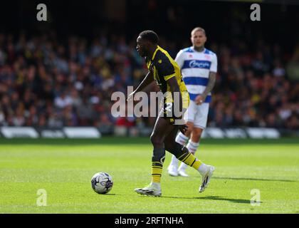 5. August 2023: Vicarage Road, Watford, Hertfordshire, England; EFL Championship Football, Watford gegen Queens Park Rangers; Jeremy Ngakia von Watford Credit: Action Plus Sports Images/Alamy Live News Stockfoto