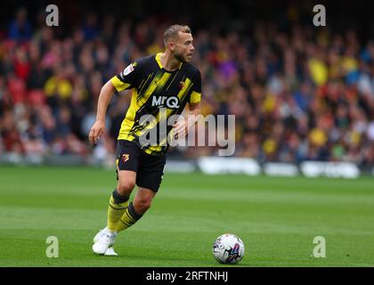 5. August 2023: Vicarage Road, Watford, Hertfordshire, England; EFL Championship Football, Watford gegen Queens Park Rangers; Ryan Porteous von Watford Credit: Action Plus Sports Images/Alamy Live News Stockfoto