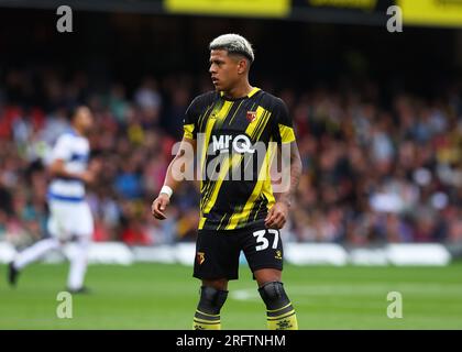 5. August 2023: Vicarage Road, Watford, Hertfordshire, England; EFL Championship Football, Watford gegen Queens Park Rangers; Matheus Martins von Watford Credit: Action Plus Sports Images/Alamy Live News Stockfoto