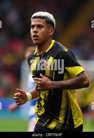 5. August 2023: Vicarage Road, Watford, Hertfordshire, England; EFL Championship Football, Watford gegen Queens Park Rangers; Matheus Martins von Watford Credit: Action Plus Sports Images/Alamy Live News Stockfoto