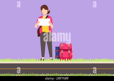Flaches Grafikdesign mit „Happy Woman Traveler“-Logo und Symbol. Junge Touristen mit Rucksäcken, die versuchen, ein Auto auf der Straße zu fangen. Urlaub, Urlaub, an Stockfoto