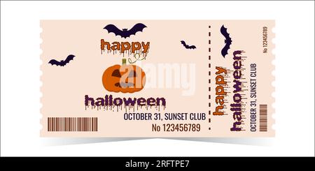 Layout der Halloween Party-Ticket-Vorlage. Ominöser Kürbis und Fledermäuse. Horizontales, farbenfrohes Design für Veranstaltungen. Das Konzept des Urlaubs. Vektorillustration. Stock Vektor