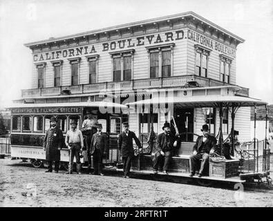 San Francisco, Kalifornien: c. 1890 die California Street Seilbahn, die an den Straßen Kearny, Polk und Filmore hält. Stockfoto