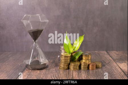 Zu den auf dem Münzhaufen wachsenden Saplings gehören das weiße Licht, das die Bäume überflutet, Geschäftsideen, Einsparungen und Wirtschaftswachstum. Stockfoto