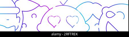 Mit Emoticons wird der Hintergrund des horizontalen Banners oder der Vorlage für den unteren Rand mit Gesichtern verknüpft. Flache, moderne Vektordarstellung der Gradientenlinie, isoliert auf Weiß. Stock Vektor