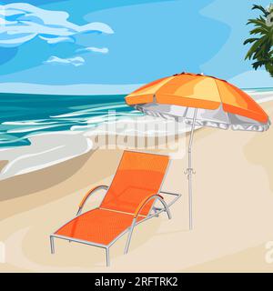 Farbdarstellung eines Meeressandstrandes mit Liegestuhl neben Sonnenschirm. Vektordarstellung eines Meeresstrands mit Chaiselongue zum Entspannen Stock Vektor