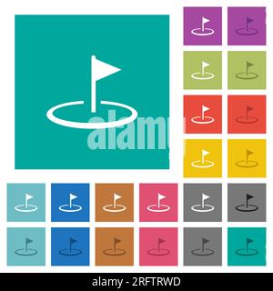 Golfflagge mehrfarbige flache Symbole auf einfarbigem quadratischem Hintergrund. Enthält weiße und dunklere Symbolvarianten für Mouseover oder aktive Effekte. Stock Vektor