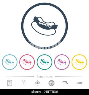 Flache Hot-Dog-Symbole in runden Konturen. 6 Bonussymbole enthalten. Stock Vektor
