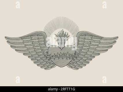 Heiliges Herz Jesu mit Flügeln und Dornen, Ostern. Symbol des Christentums. Handgemalt, Vintage-Gravur Stye-Illustration Stock Vektor