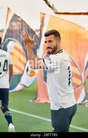 Jose Gaya von Valencia CF in Aktion während der regulären VORSAISON La Liga EA Sport am 5. august 2023 im Mestalla Stadion (Valencia, La Liga EA Sport Reg Stockfoto