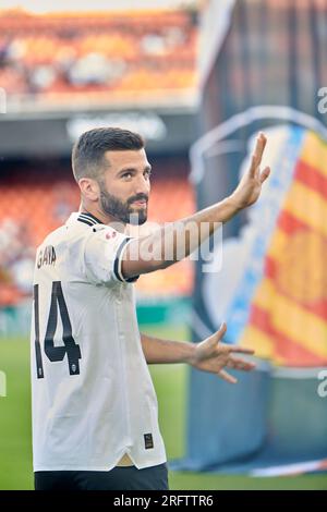 Jose Gaya von Valencia CF in Aktion während der regulären VORSAISON La Liga EA Sport am 5. august 2023 im Mestalla Stadion (Valencia, La Liga EA Sport Reg Stockfoto