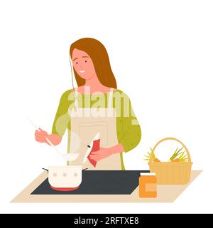 Eine Frau beim Kochen. Vektordarstellung der Lebensmittelzubereitung, Gemüse und Obst Stock Vektor