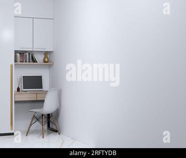 Arbeits- und Frisiertisch, Holztisch, Minimalstuhl, Kleiderschrank, weißer Wandhintergrund, moderner Schrank, minimalistisch dekorativ, Vorhang Stockfoto