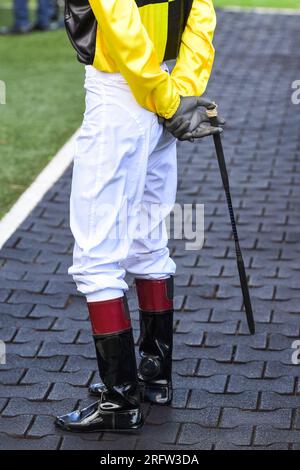 Jockey wartet auf den Start des Pferdes Stockfoto