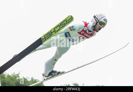 Szczyrk, Polen. 05. Aug. 2023. Francisco Moerth während des individuellen Wettbewerbs des FIS Ski Jumping Summer Grand Prixp in Wisla. Kredit: SOPA Images Limited/Alamy Live News Stockfoto