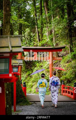 Rückansicht von zwei Frauen mit japanischem Yukata-Sommerkimono und japanischem traditionellen Ölpapierschirm, die in der Natur des Kifune-Schreins spazieren Stockfoto