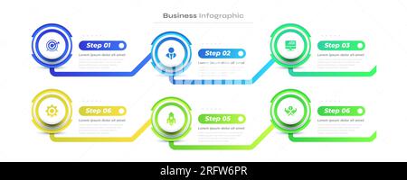 Business Infographic Design Template mit 6 Optionen oder Schritten. Kann für Präsentation, Workflow-Layout, Diagramm oder Jahresbericht verwendet werden Stock Vektor