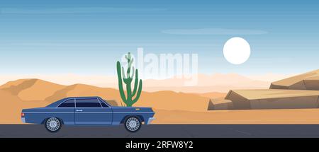 Wüste mit Auto auf der Straße blauer Himmel Stock Vektor