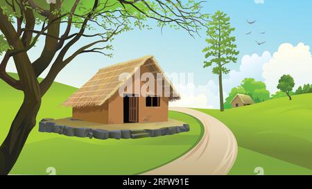 Ein Bauernhaus im indischen Dorf, allein ein Haus im Wald. Raststätte im Dschungel. Dorf Bauernhaus. Landwirtschaftliche Fläche. Stock Vektor