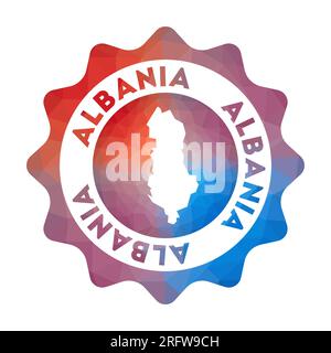 Niederes Poly-Logo Albaniens. Farbenfrohes, geometrisches Reiselogo für das Land. Mehrfarbiges polygonales Albanien-Rundzeichen mit Karte für Ihr Stock Vektor