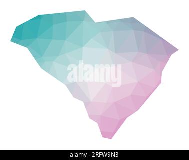 Polygonale Karte von South Carolina. Geometrische Darstellung des US-Bundesstaates in smaragdgrünen Amethystfarben. South Carolina Landkarte im Low Poly-Stil. Stock Vektor