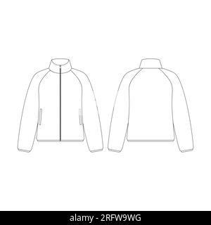 Template Damen Fleece Raglan Jacke mit Reißverschluss Vektorzeichnung flaches Design Outline Bekleidung Kollektion Oberbekleidung Stock Vektor