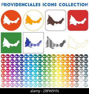 Sammlung von Providenciales-Symbolen. Bunte, trendige Kartensymbole. Modernes Providenciales-Abzeichen mit Inselkarte. Vektorabbildung. Stock Vektor