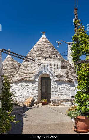 ITALIEN, APULIEN, TRULLIS DES DORFES ALBEROBELLO, DAS VON DER UNESCO ZUM WELTKULTURERBE ERKLÄRT WURDE. TRULLI SIND TROCKENSTEINHÄUSER. DAS SIND BEMERKENSWERTE BEISPIELE Stockfoto