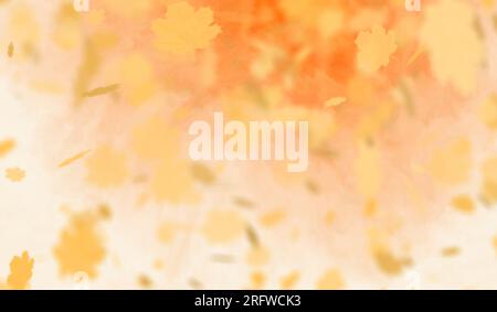 3D abstrakter Herbst hinterlässt Partikel, die auf orangefarbenen Gradientenwolken liegen. Stockfoto