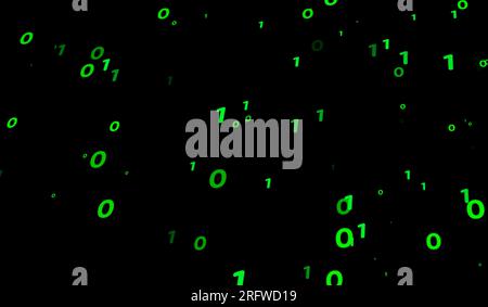 3D abstraktes binäres Partikelmuster, digitale Technologie grün auf schwarzem Hintergrund Stockfoto