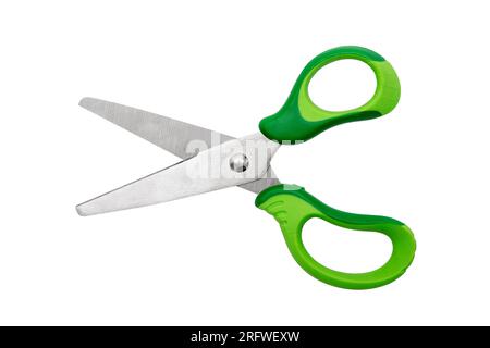 Grüne Schere isoliert auf weißem Hintergrund. Schere zum Schneiden von Papier Stockfoto