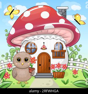 Süße Cartoon-Eule mit einem Pilzhaus. Sommervektordarstellung eines Tieres mit Zuhause, Blumen, Schmetterlingen in der Natur. Stock Vektor