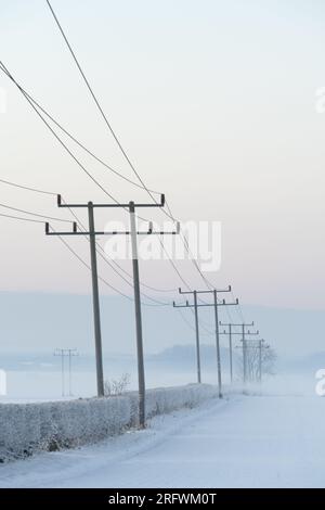 Telegraphenmasten verschwinden in der Ferne Gog Magogs, nebeliger Wintersonnenaufgang Stockfoto