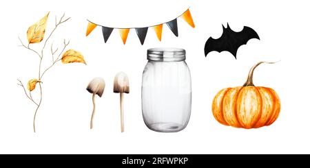 Aquarell halloween Kürbis, Herbstzweig mit Laub, Fledermaus, Urlaubsflaggen, Kehlhocker isoliert auf weißem Hintergrund. Für Designer, Dekoration, Shop Stockfoto