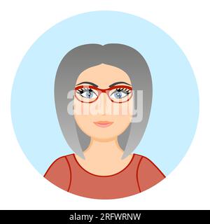 Avatar einer alten Frau mit Brille. Porträt eines modernen Rentners. Glückliche Oma. Alte Dame mit grauen Haaren Stock Vektor