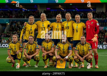 Melbourne, Aus. 06. Aug. 2023. Melbourne, Australien, August 6. 2023: Spieler Schwedens posieren beim 16 Fußballspiel der FIFA Womens World Cup 2023 zwischen Schweden und den USA im Melbourne Rectangular Stadium (AAMI Park) in Melbourne, Australien, für das Teamfoto. (NOE Llamas/SPP) Guthaben: SPP Sport Press Photo. Alamy Live News Stockfoto