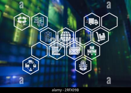 Logistikmanagementkonzept. Der komplexe Prozess der Planung, Organisation und Kontrolle von Ressourcen, um die Anforderungen der Kunden zu erfüllen. Der effiziente Fluss. Stockfoto