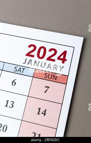 Kalenderseite Januar 2024. Nahaufnahme. Stockfoto